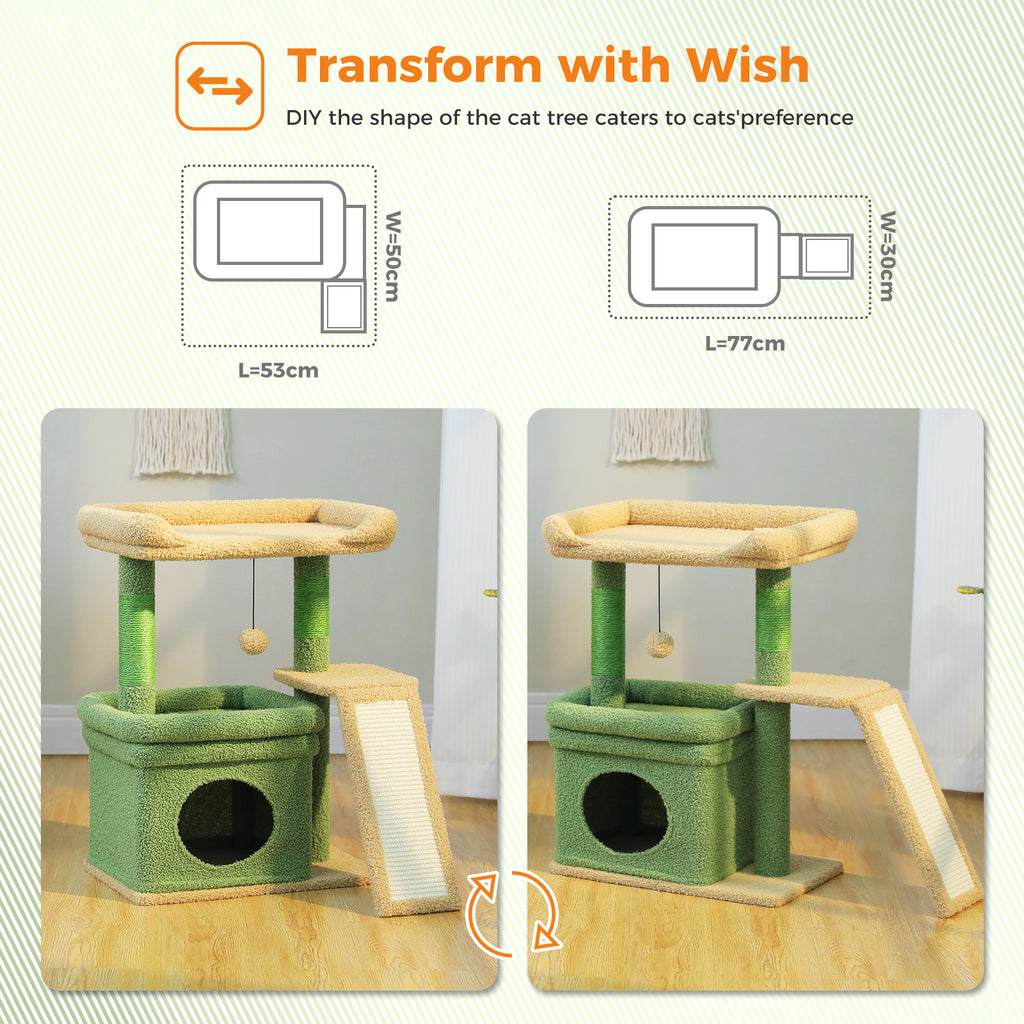 Convertible Cat Tree with Large Top Perch, Condo & Sisal Scratching Ramp – 68 cm / 27 in, Green & Beige