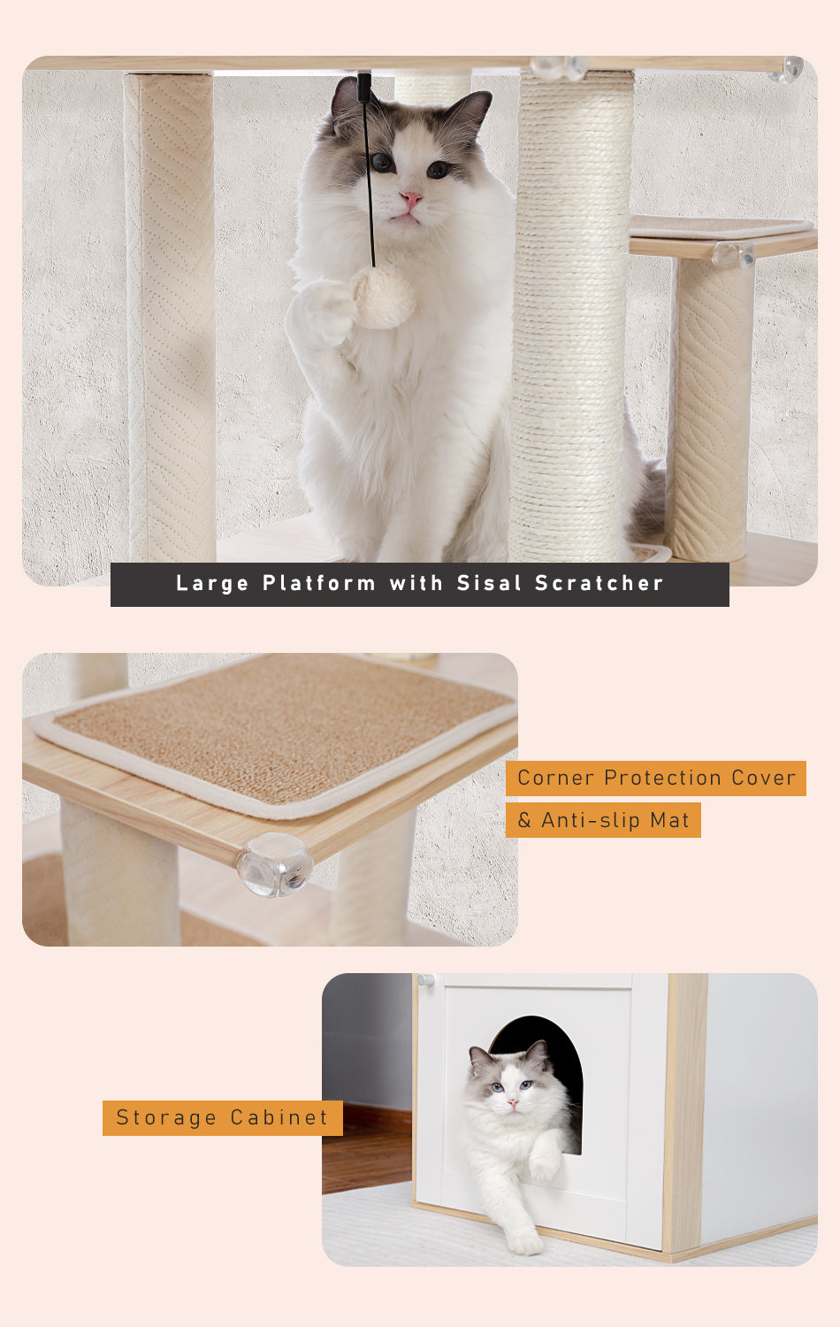 146 cm Cat Tree with Hidden Litter Tray Cabinet, Cat Condo, Hammock & Sisal Scratch Posts
