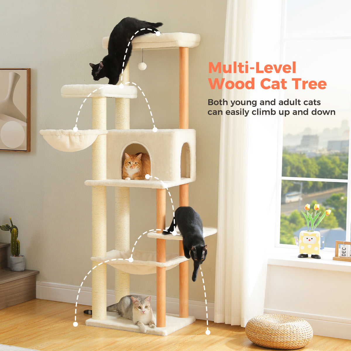 186 cm / 73.2 in Multi-Level Cat Tree with Twin Top Perches, Condo & Hammocks