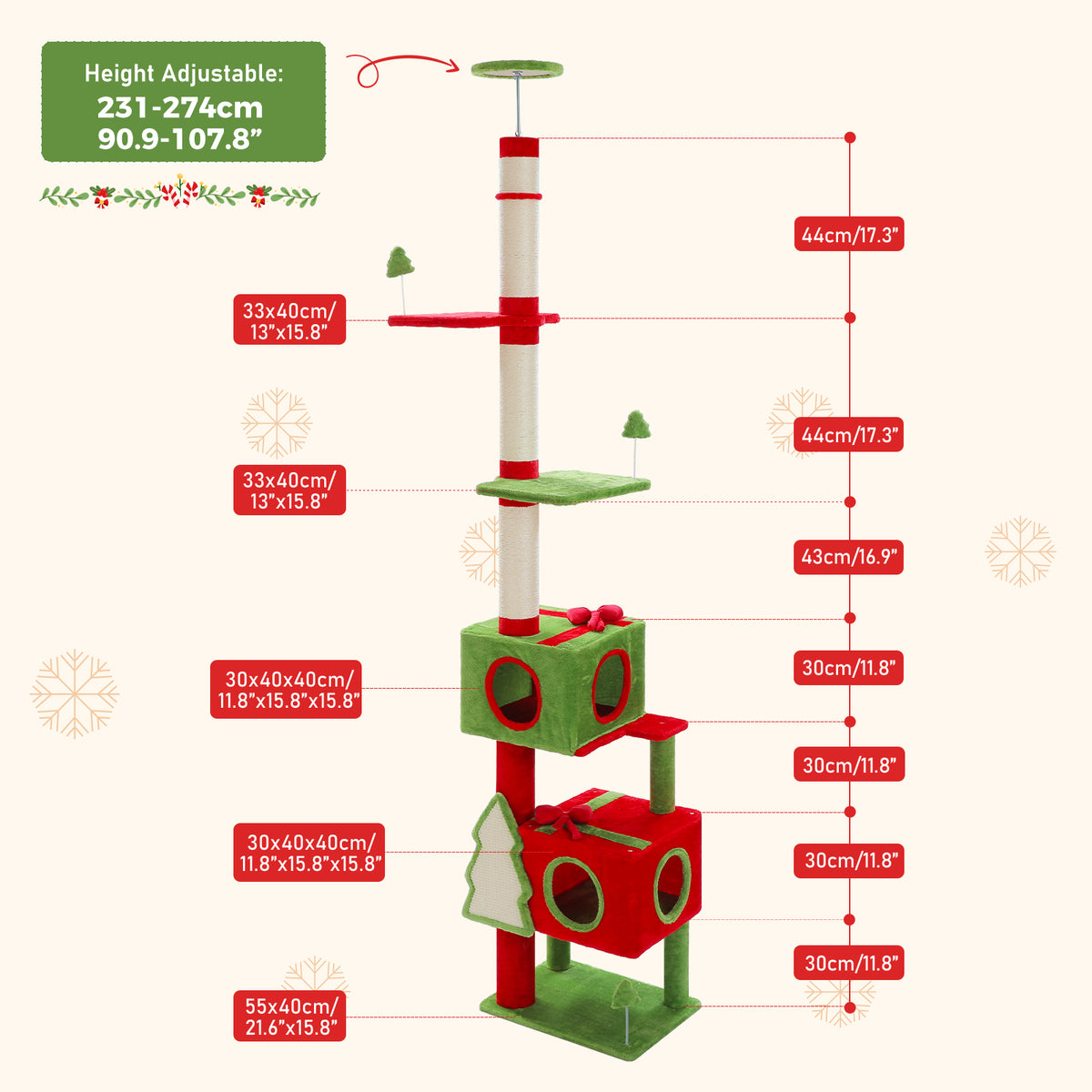 Adjustable Christmas Floor-to-Ceiling Cat Tree with 2 Condos, Sisal Posts & Platforms – 231–274 cm / 90.9–107.8 in