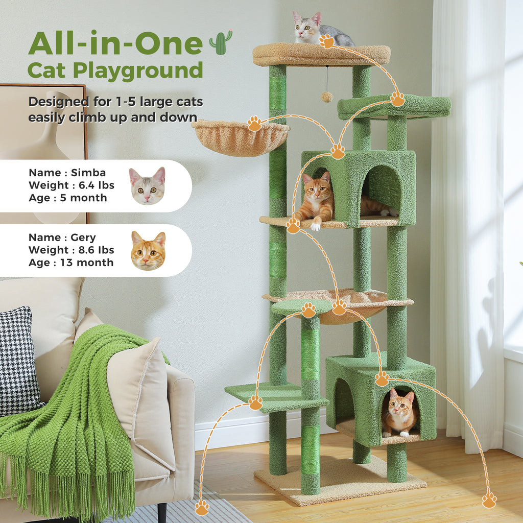 5-Tier Cat Tree with 2 Condos, Hammock, Sisal Scratching Posts & Wall Anchor – Green, 175 cm