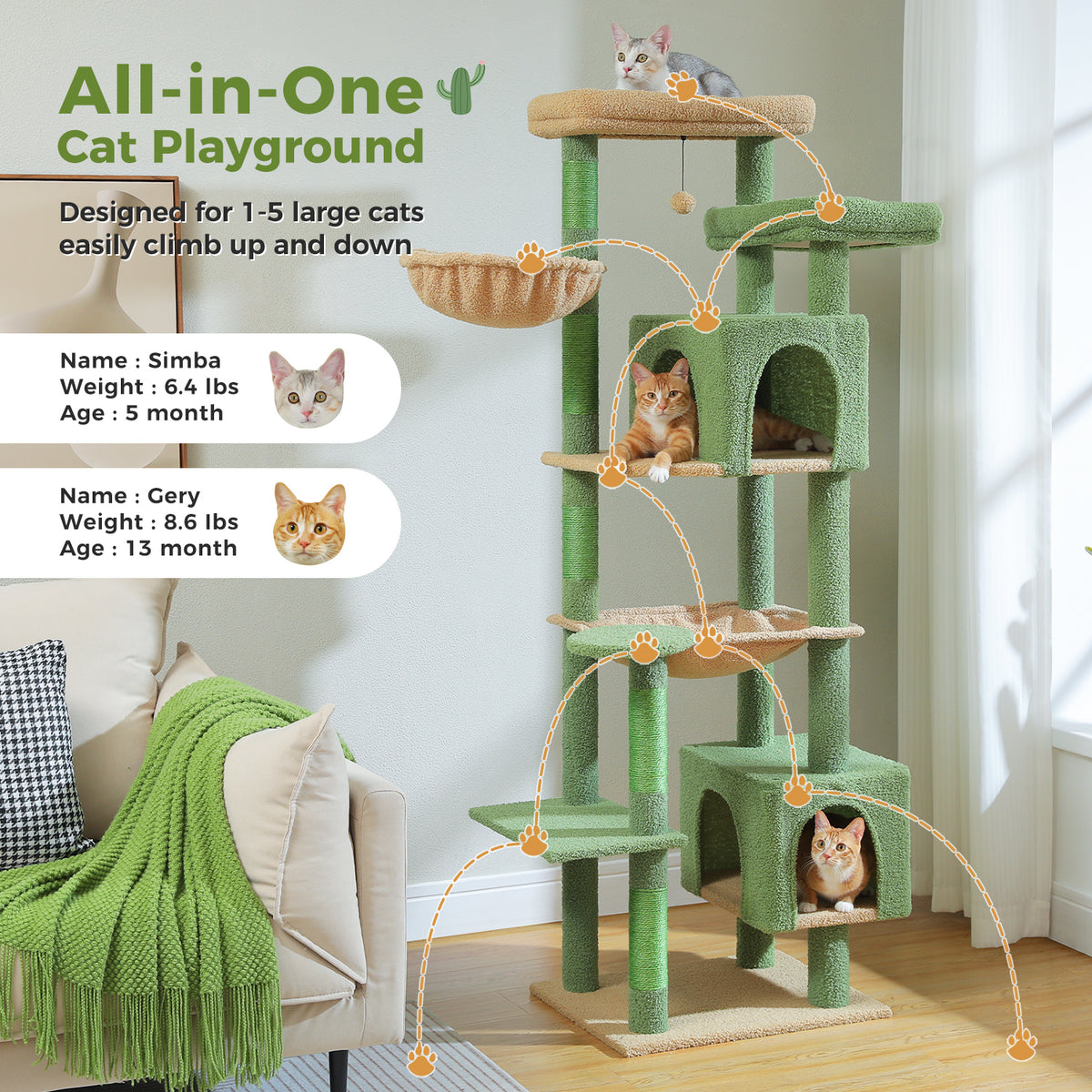 5-Tier Cat Tree with 2 Condos, Hammock, Sisal Scratching Posts & Wall Anchor – Green, 175 cm