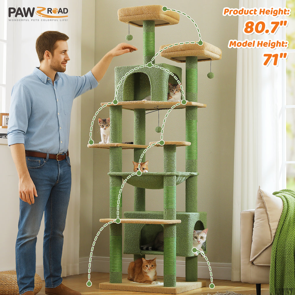 XL 205 cm Multi-Cat Tree with 2 Condos, Steel-Framed Hammock & Sisal Scratch Posts – Green