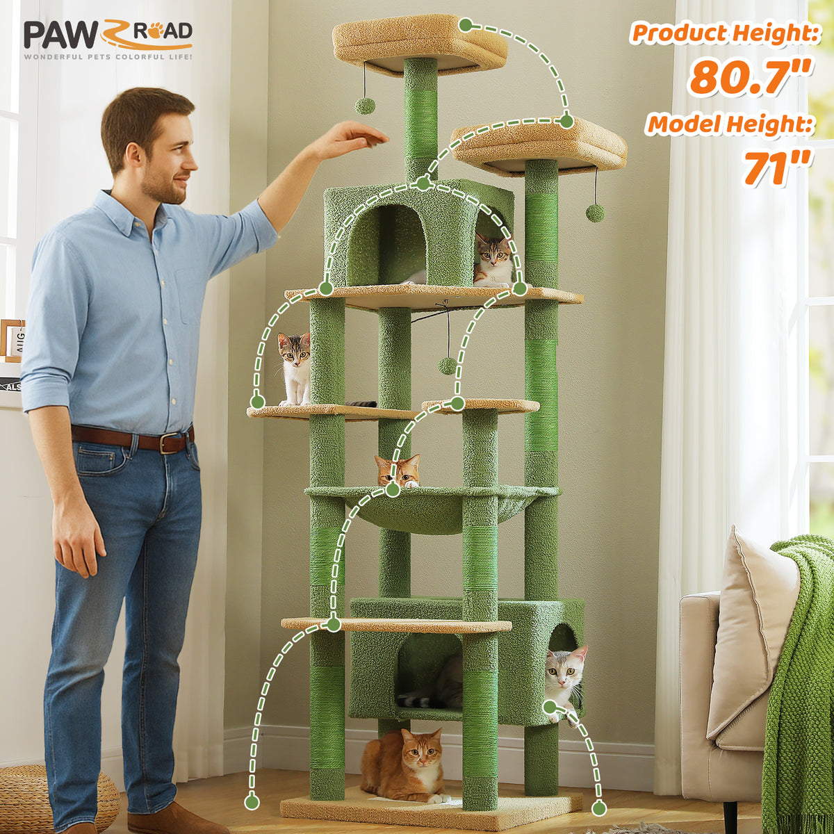 XL 205 cm Multi-Cat Tree with 2 Condos, Steel-Framed Hammock & Sisal Scratch Posts – Green
