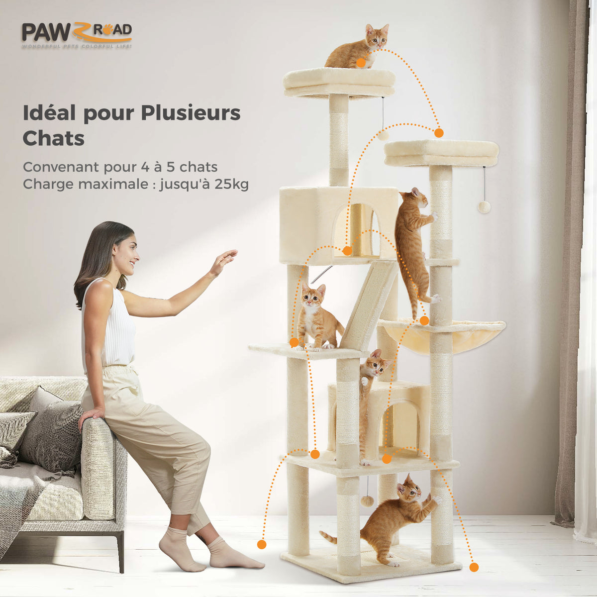 180 cm Large Green Cat Tree for Multi-Cat Homes, 2 Condos, Hammock, 2 Padded Perches, Sisal Scratching Posts & Ramp