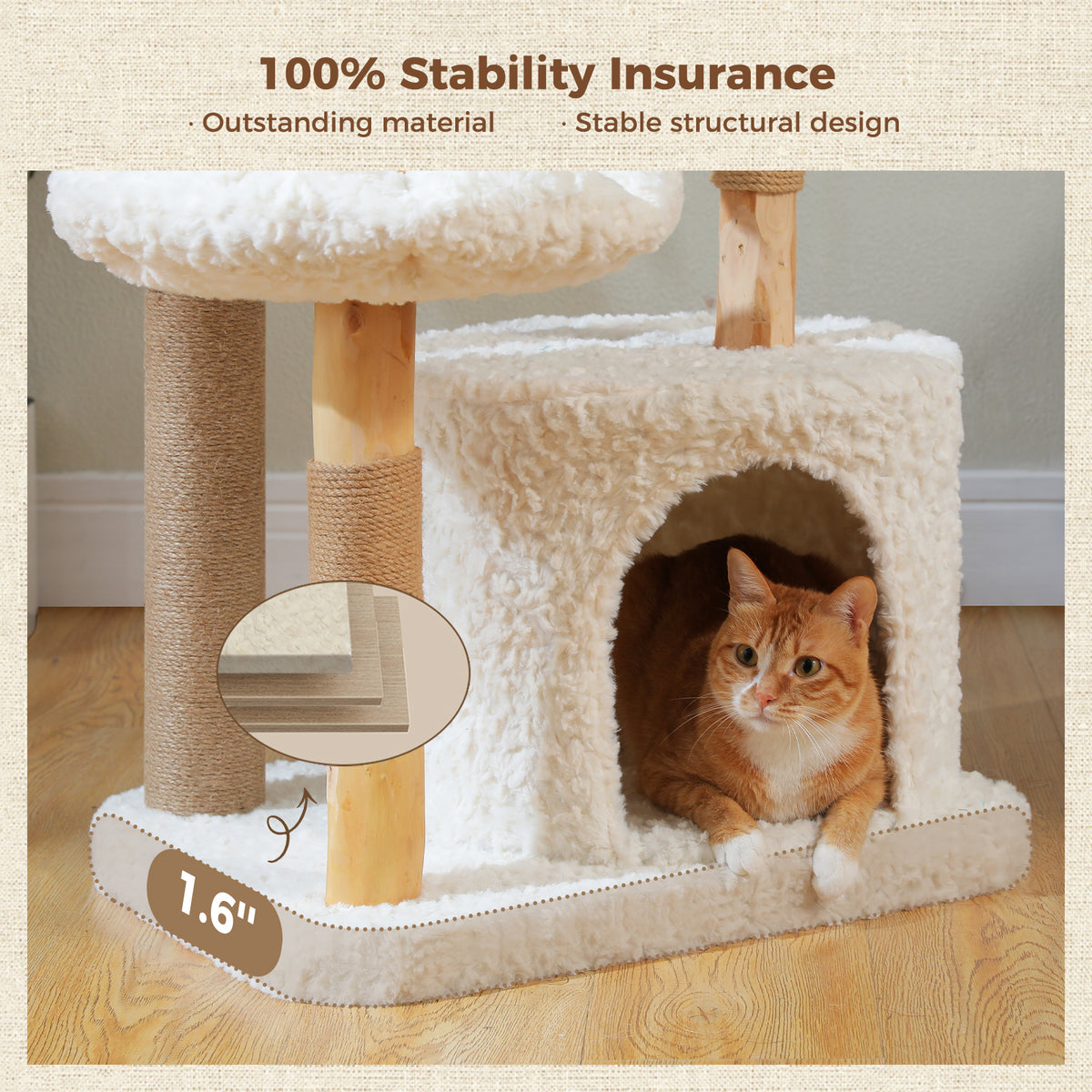 123 cm Natural Wood Cat Tree with Rattan Basket, Flower Perch & Cosy Condo – 48.1 in, Cream