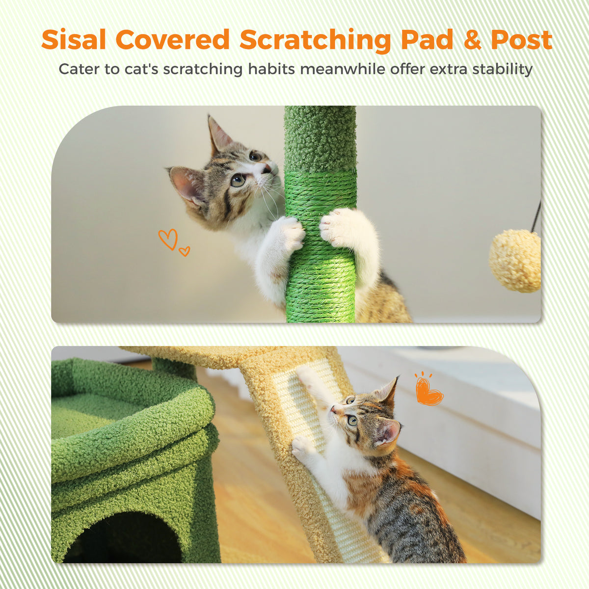 Convertible Cat Tree with Large Top Perch, Condo & Sisal Scratching Ramp – 68 cm / 27 in, Green & Beige