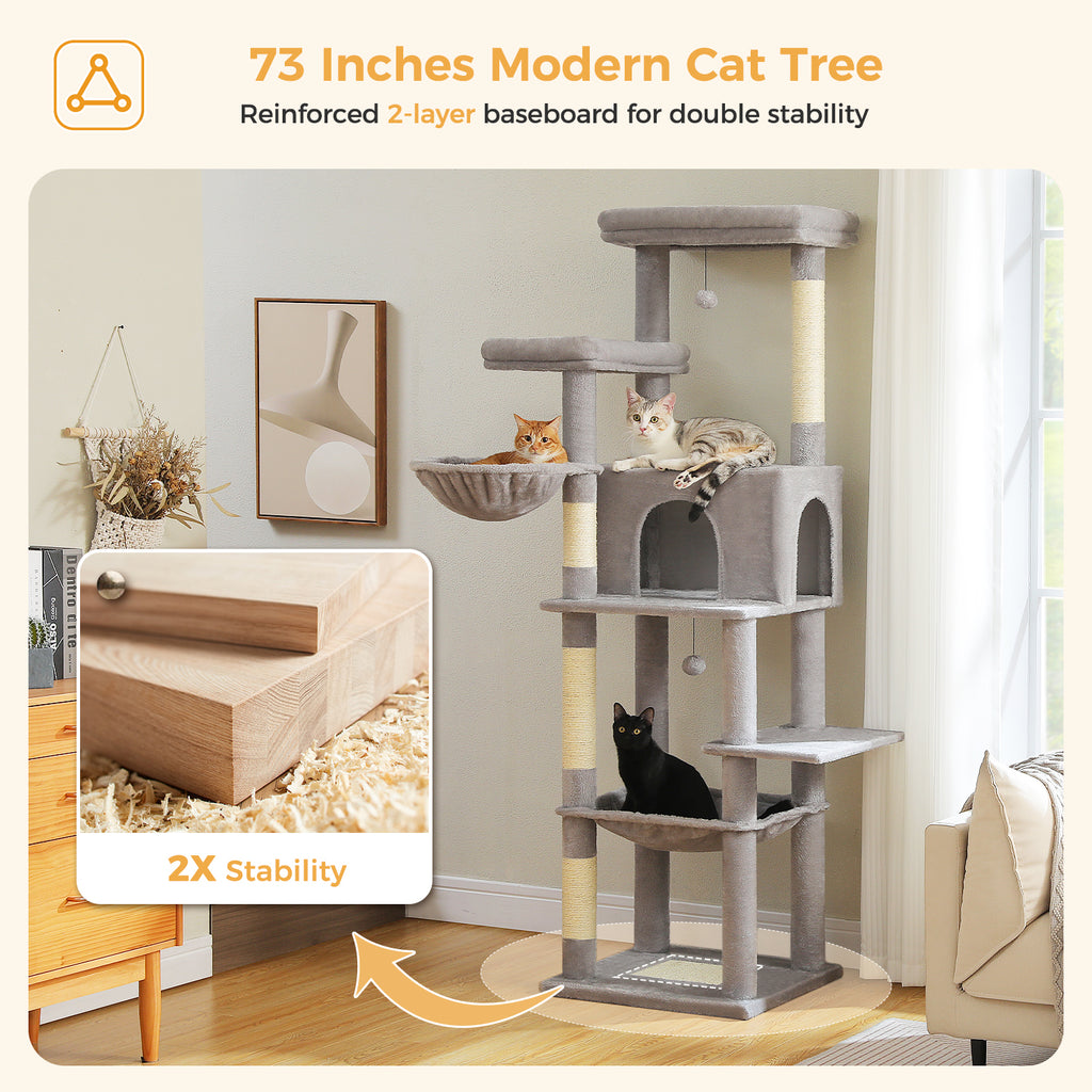 7-Level Cat Tree for Multi-Cat Homes with Condo, Hammock & Twin Perches – 186 cm / 73.2 in, Grey or Cream