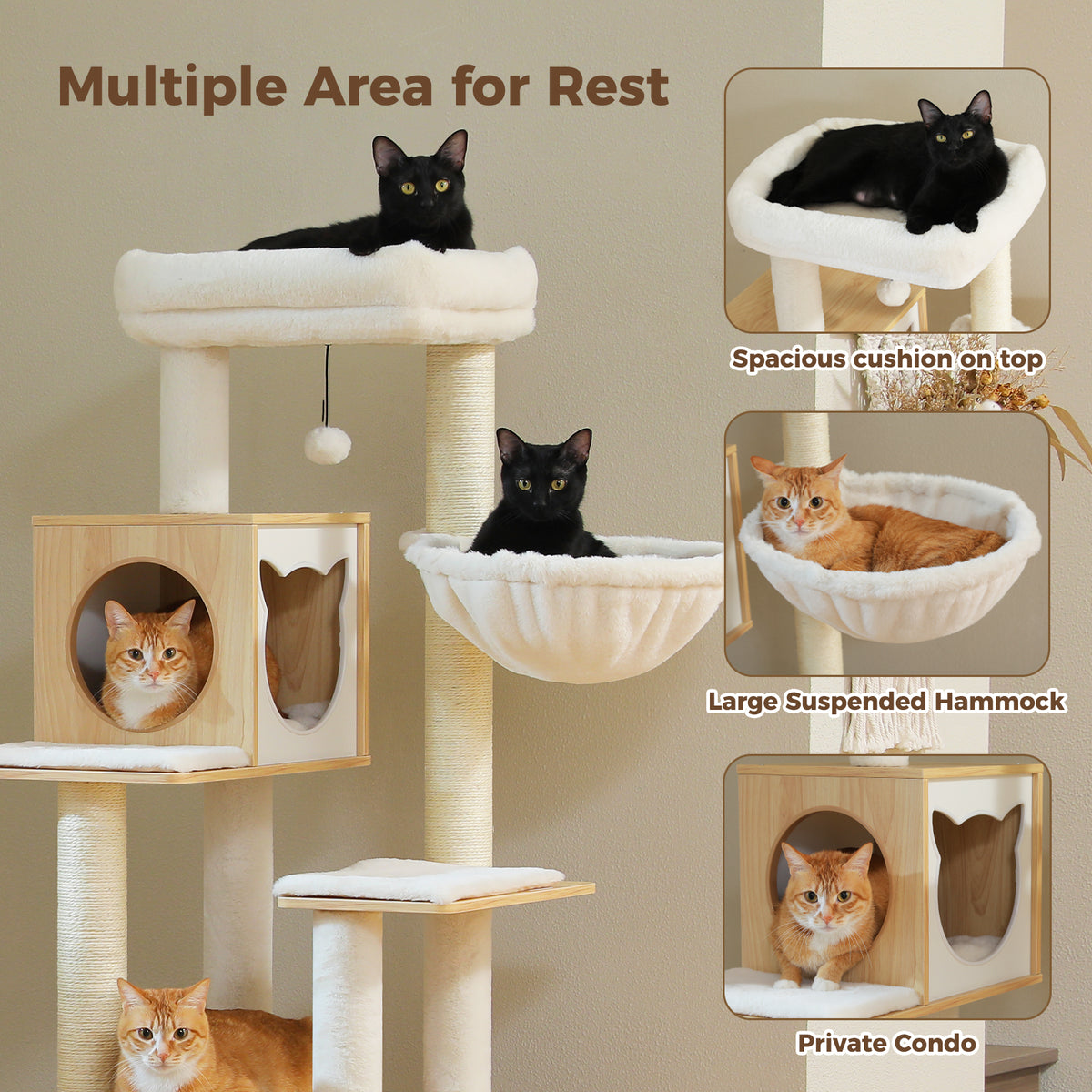 146 cm Wooden Cat Tree with Large Base Condo, Hammock, Sisal Posts & Top Bed – Natural Wood