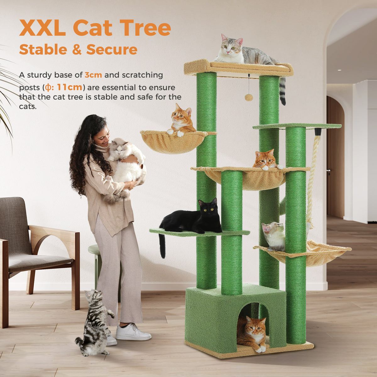 169 cm XXL Multi-Level Cat Tree with 3 Hammocks, Condo, Sisal Scratchers & Top Perch Colour variations