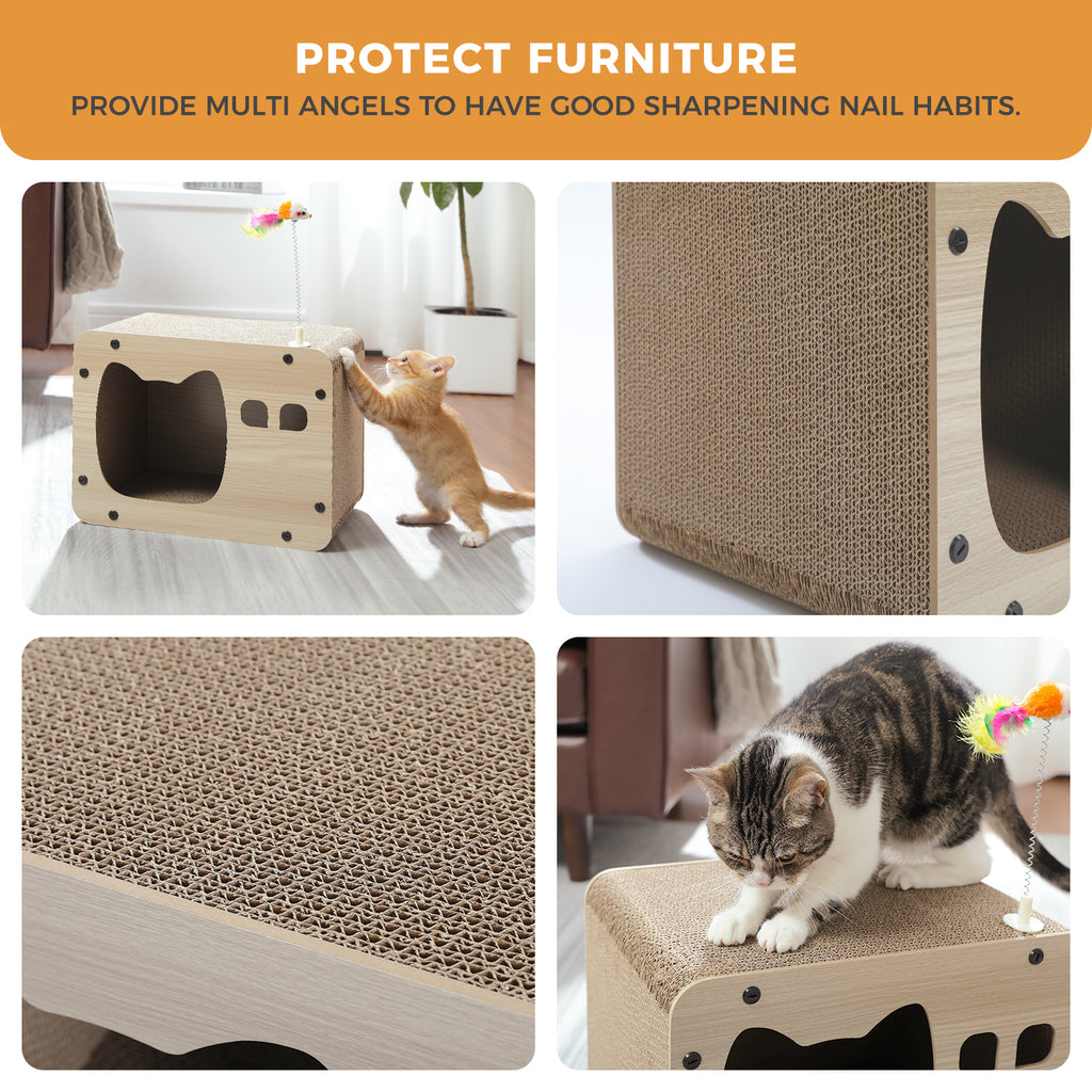 Cat Cardboard Scratcher House with Lounge Top, Spring Mouse Toy & Cat-Shaped Entrance
