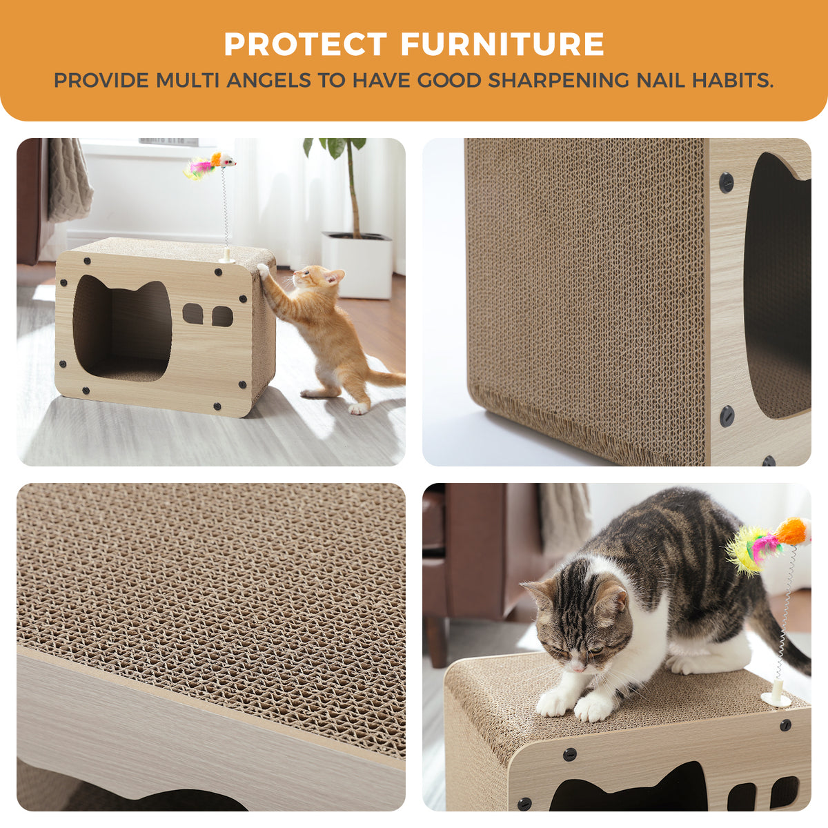 Cat Cardboard Scratcher House with Lounge Top, Spring Mouse Toy & Cat-Shaped Entrance