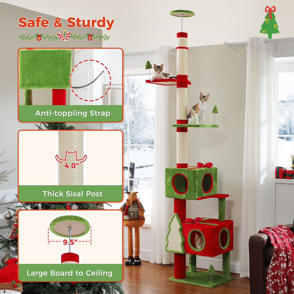 Adjustable Christmas Floor-to-Ceiling Cat Tree with 2 Condos, Sisal Posts & Platforms – 231–274 cm / 90.9–107.8 in