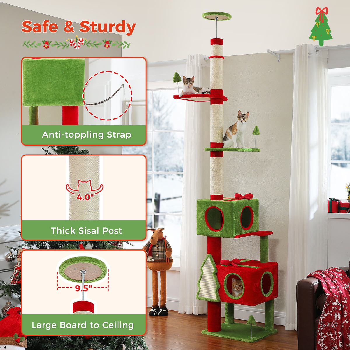 Adjustable Christmas Floor-to-Ceiling Cat Tree with 2 Condos, Sisal Posts & Platforms – 231–274 cm / 90.9–107.8 in