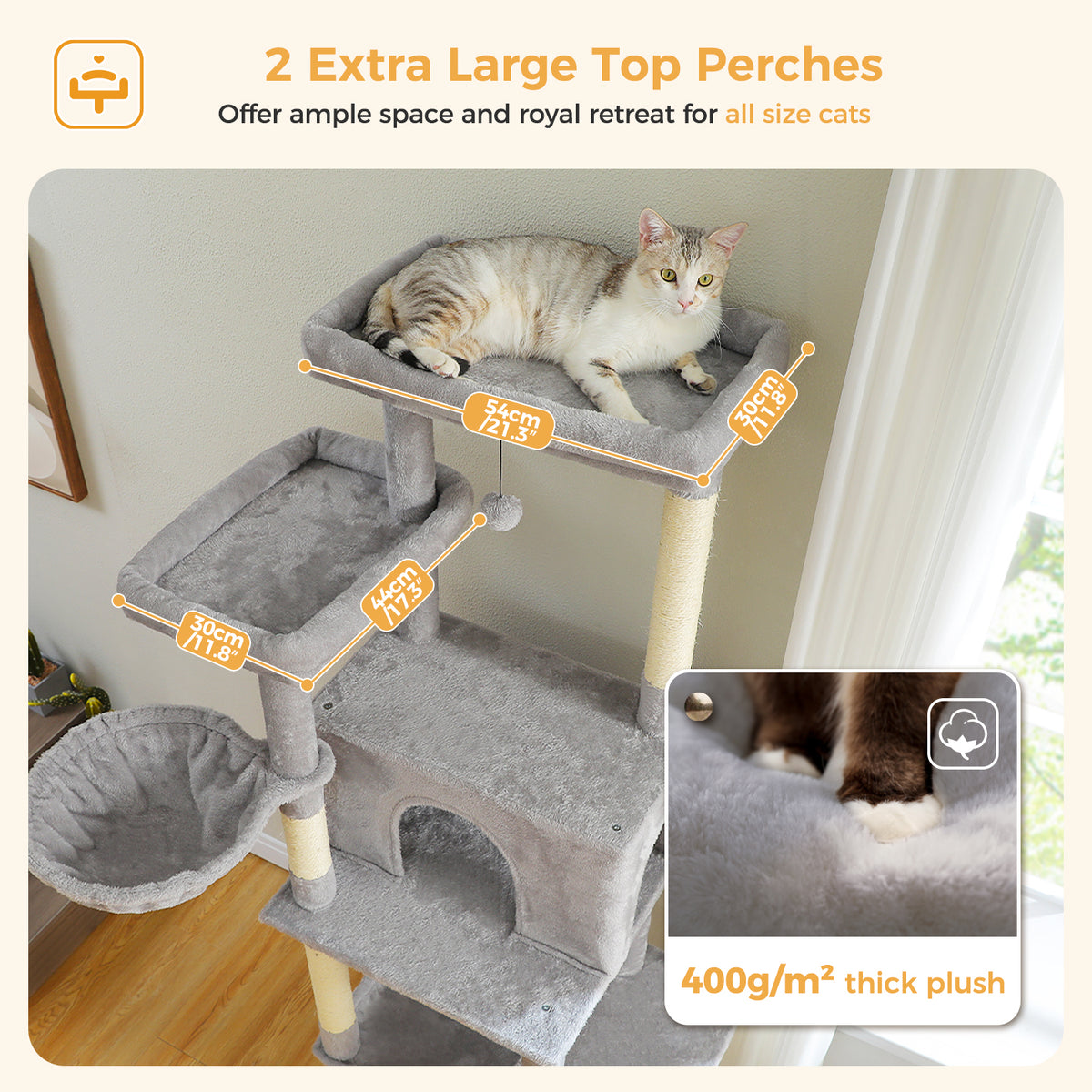 7-Level Cat Tree for Multi-Cat Homes with Condo, Hammock & Twin Perches – 186 cm / 73.2 in, Grey or Cream