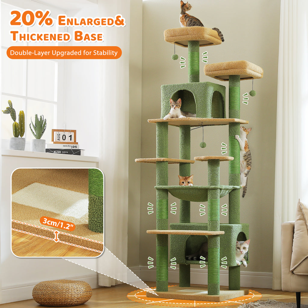 XL 205 cm Multi-Cat Tree with 2 Condos, Steel-Framed Hammock & Sisal Scratch Posts – Green