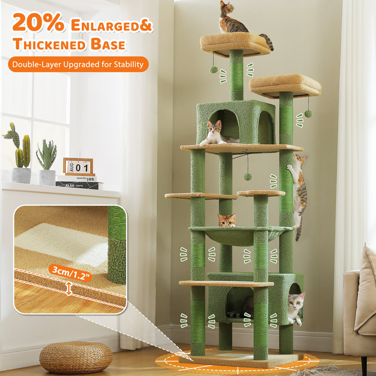 XL 205 cm Multi-Cat Tree with 2 Condos, Steel-Framed Hammock & Sisal Scratch Posts – Green