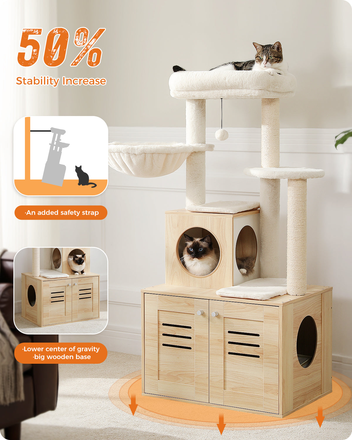 Multi-Level Cat Tree with Hidden Litter Tray, Scratching Posts & Hammock – 121 cm