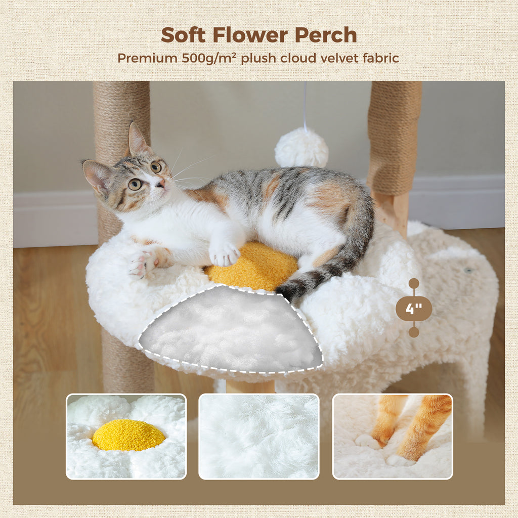 123 cm Natural Wood Cat Tree with Rattan Basket, Flower Perch & Cosy Condo – 48.1 in, Cream