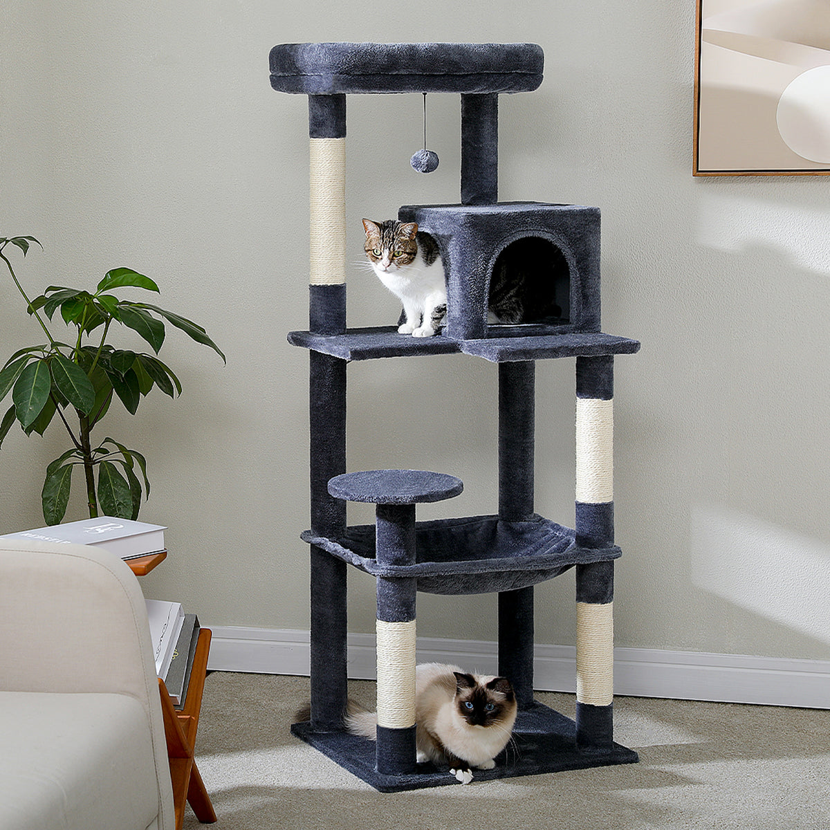 143 cm Tall Cat Tree with 4 Sisal Scratching Posts, Two-Door Cat Cave, Hammock & Washable Top Bed