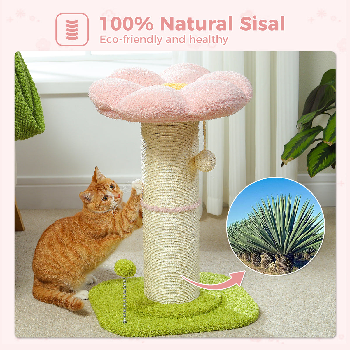 Pink Flower Cat Scratching Post with Detachable Washable Perch, 60 cm Tall Sisal Scratcher & Two Interactive Toys
