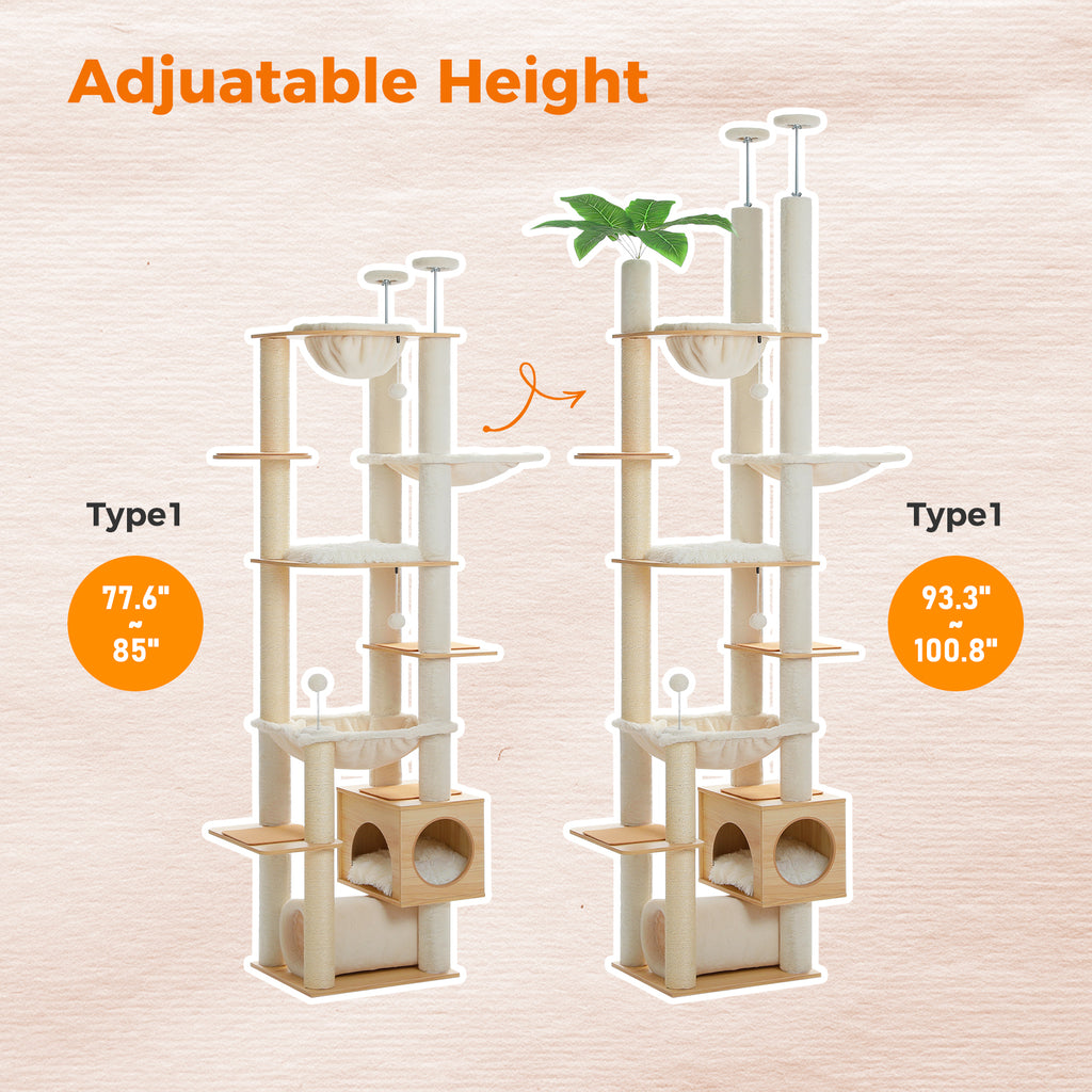 Adjustable Floor-to-Ceiling Cat Tree, 237–256 cm / 93.3–100.8 in, with Acrylic Bowl, Condo & Sisal Posts