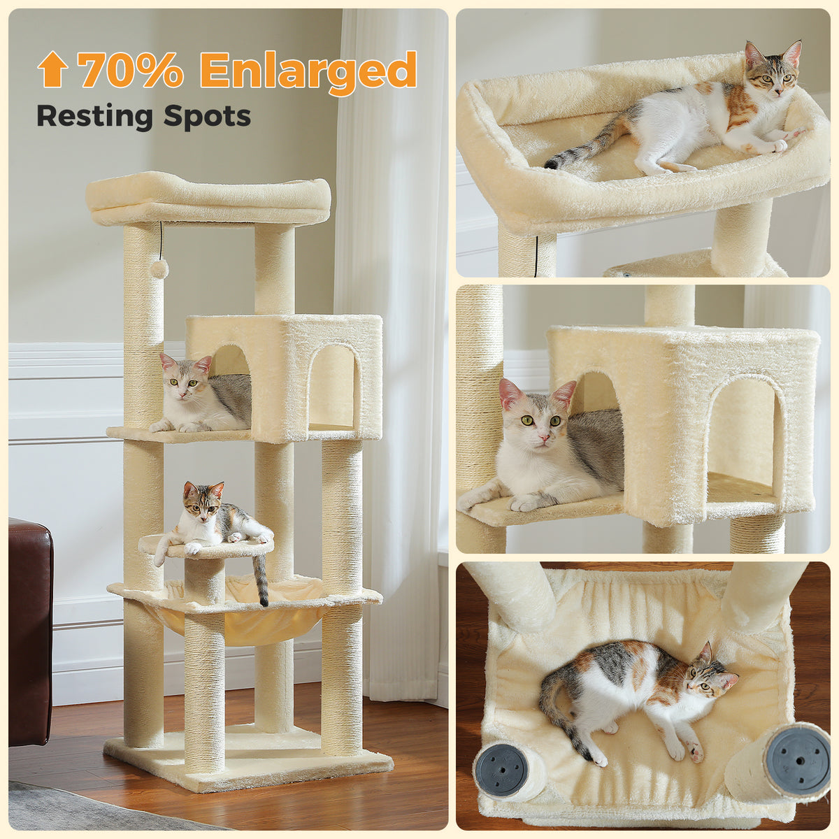 147 cm XL Cat Tree for Large Cats with Sisal Scratching Posts, Cat Condo, Hammock & Top Bed Description