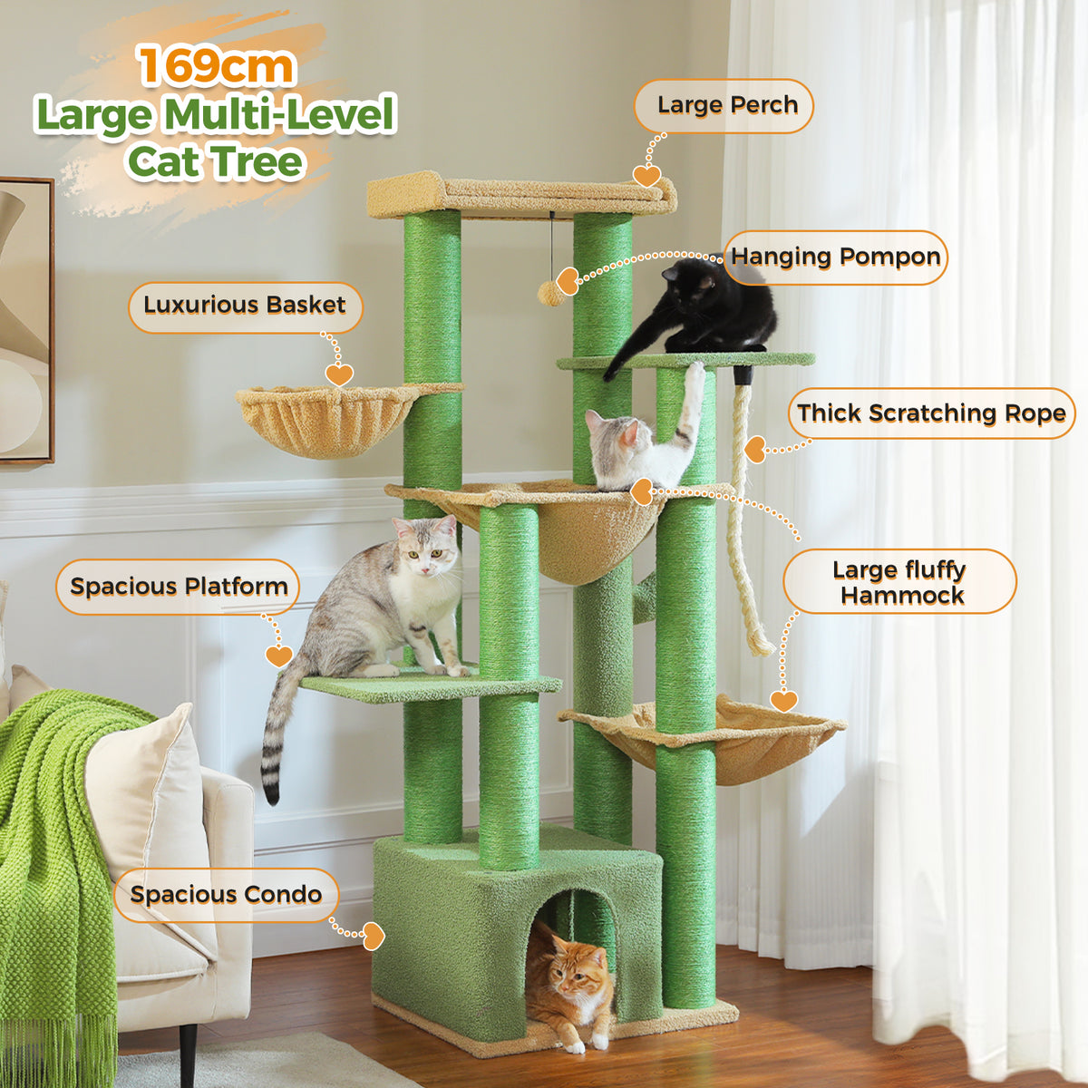 169 cm XXL Multi-Level Cat Tree with 3 Hammocks, Condo, Sisal Scratchers & Top Perch Colour variations