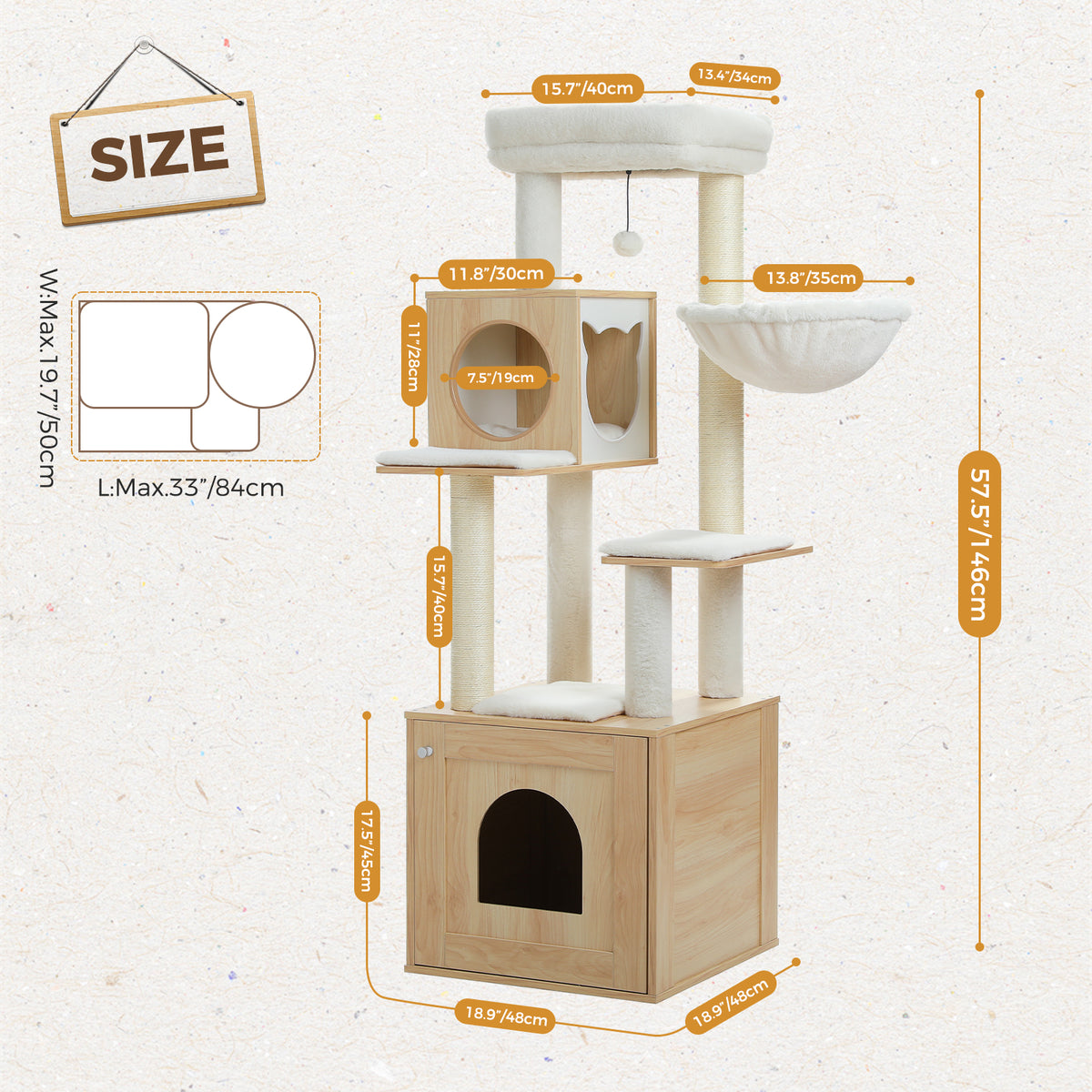 146 cm Wooden Cat Tree with Large Base Condo, Hammock, Sisal Posts & Top Bed – Natural Wood