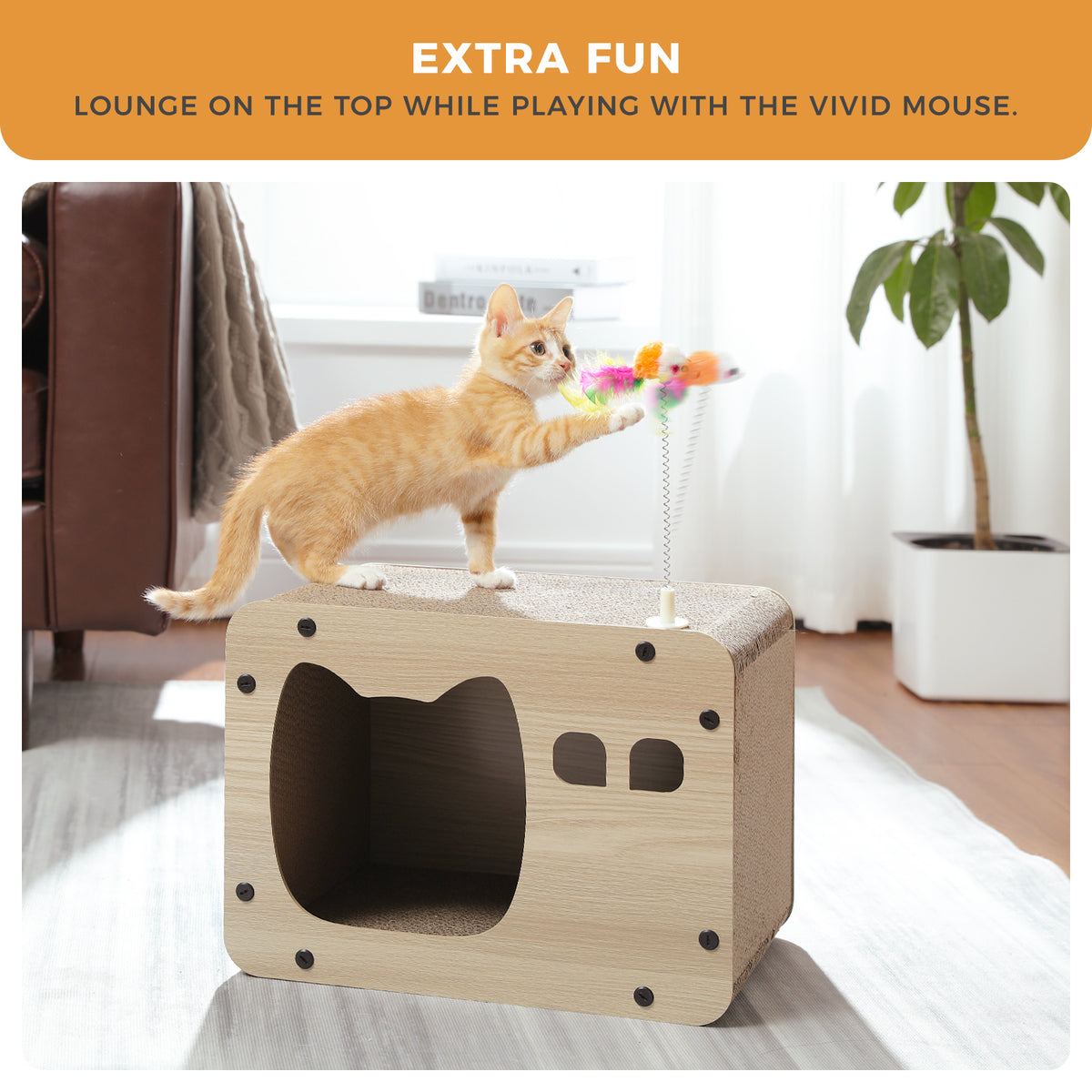 Cat Cardboard Scratcher House with Lounge Top, Spring Mouse Toy & Cat-Shaped Entrance