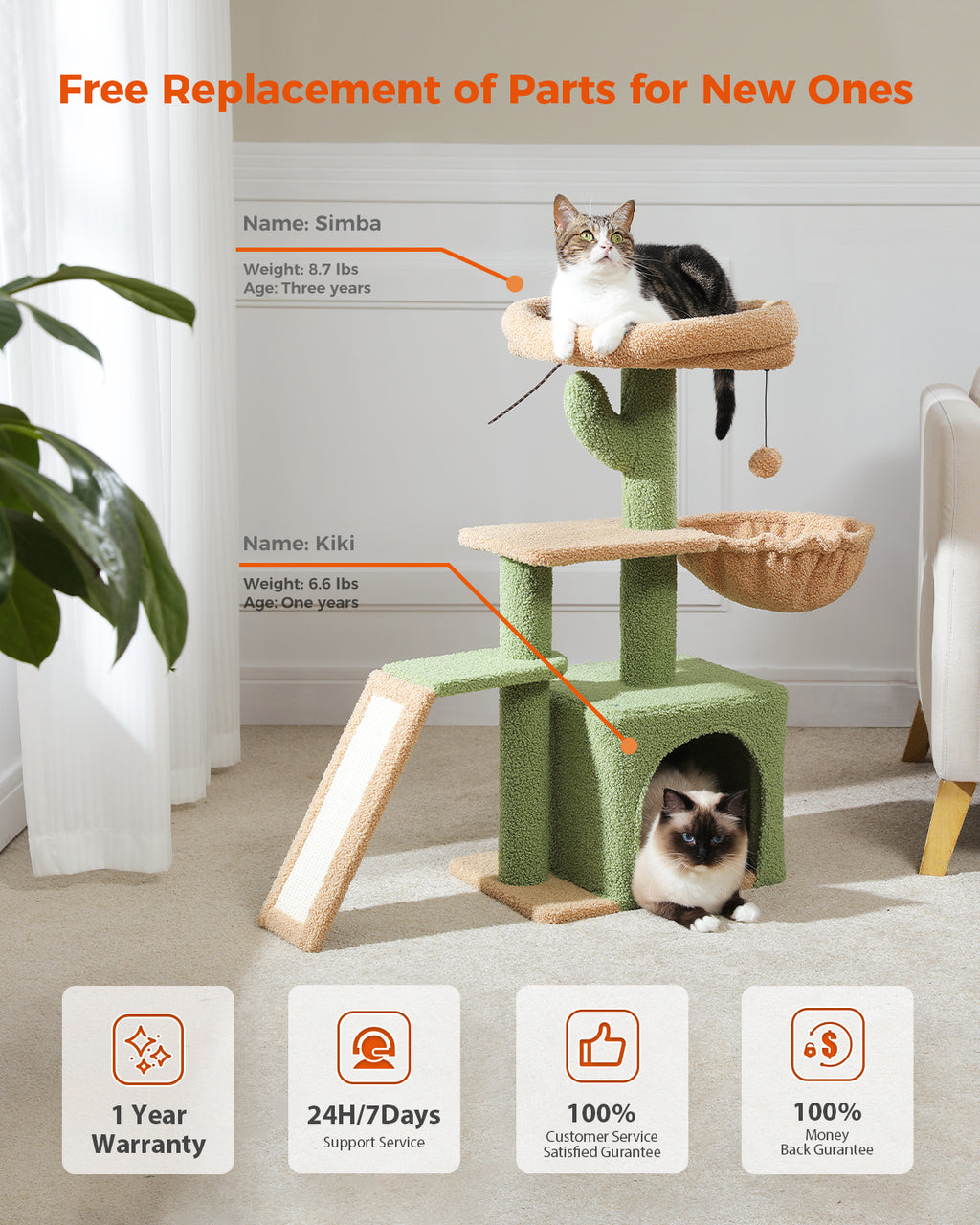 80 cm Green Cat Tree with Cat Condo, Hammock, Padded Top Perch, Sisal Scratching Ramp & Wall Anchor