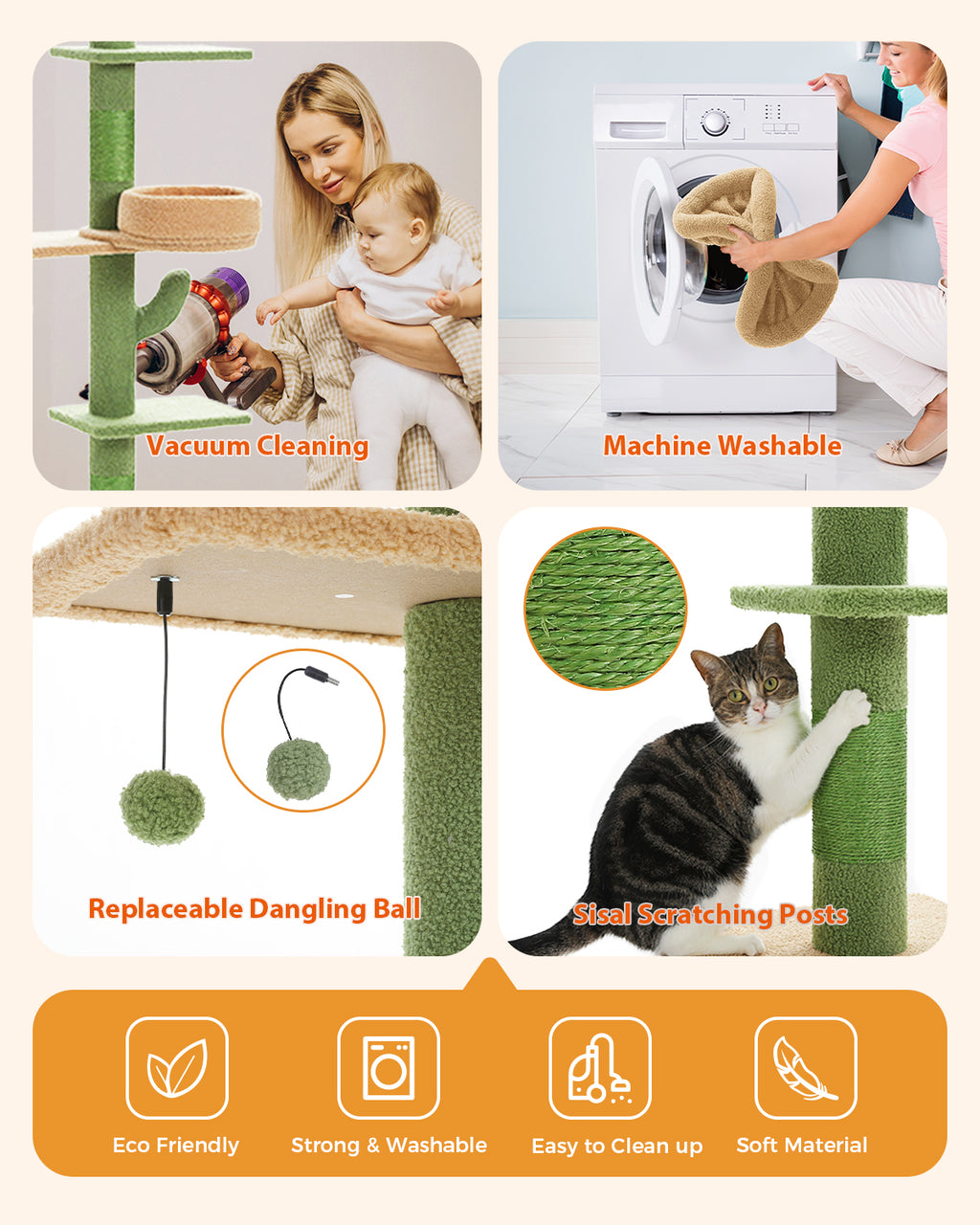 Cactus Floor-to-Ceiling Cat Tree, 205–255 cm Adjustable Cat Tower with Sisal Scratching Post, 2 Beds & Platforms