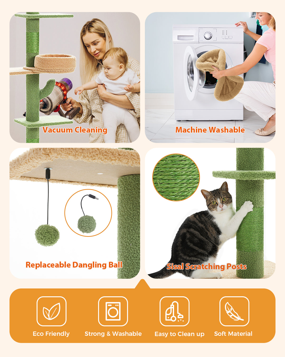 Cactus Floor-to-Ceiling Cat Tree, 205–255 cm Adjustable Cat Tower with Sisal Scratching Post, 2 Beds & Platforms