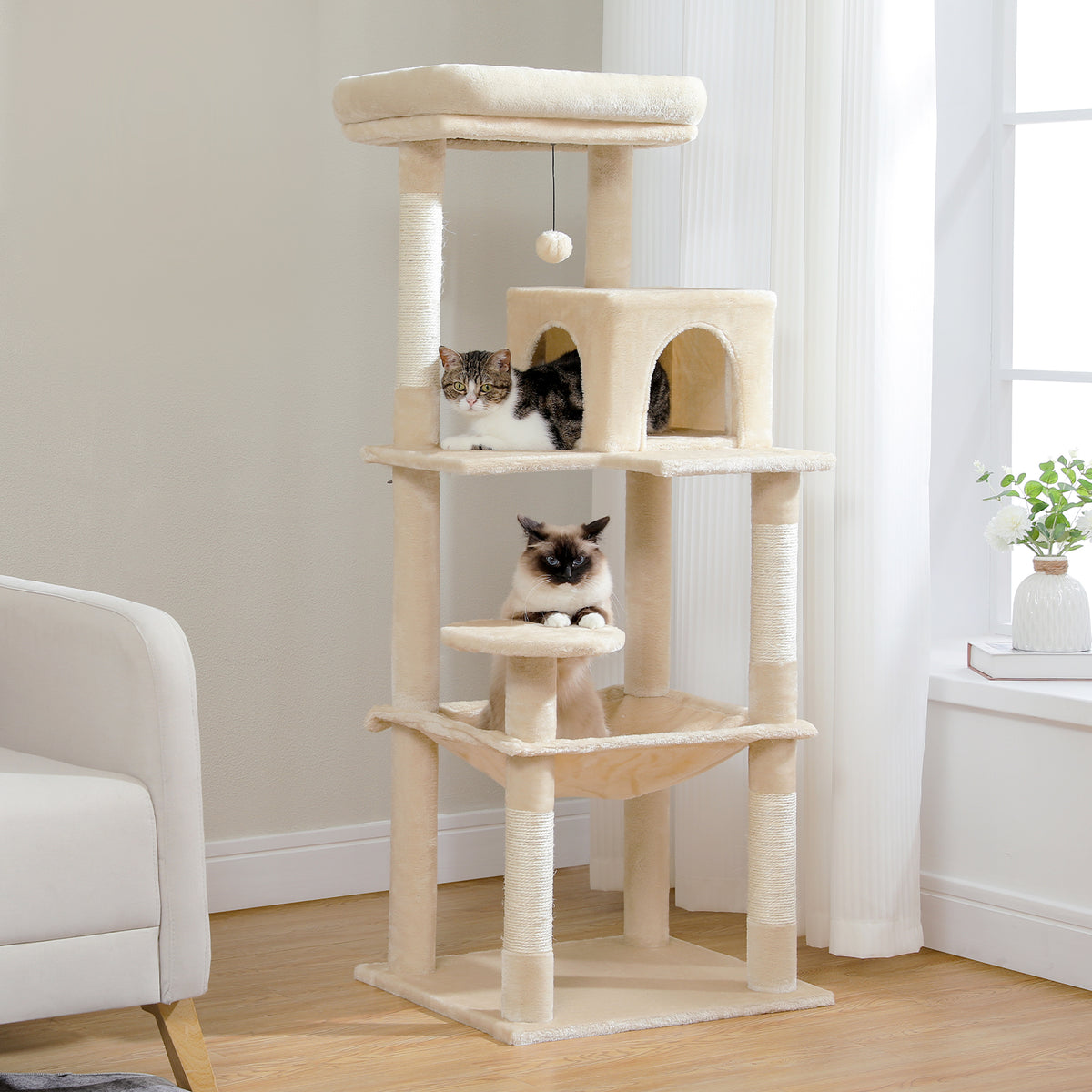 143 cm Tall Cat Tree with 4 Sisal Scratching Posts, Two-Door Cat Cave, Hammock & Washable Top Bed
