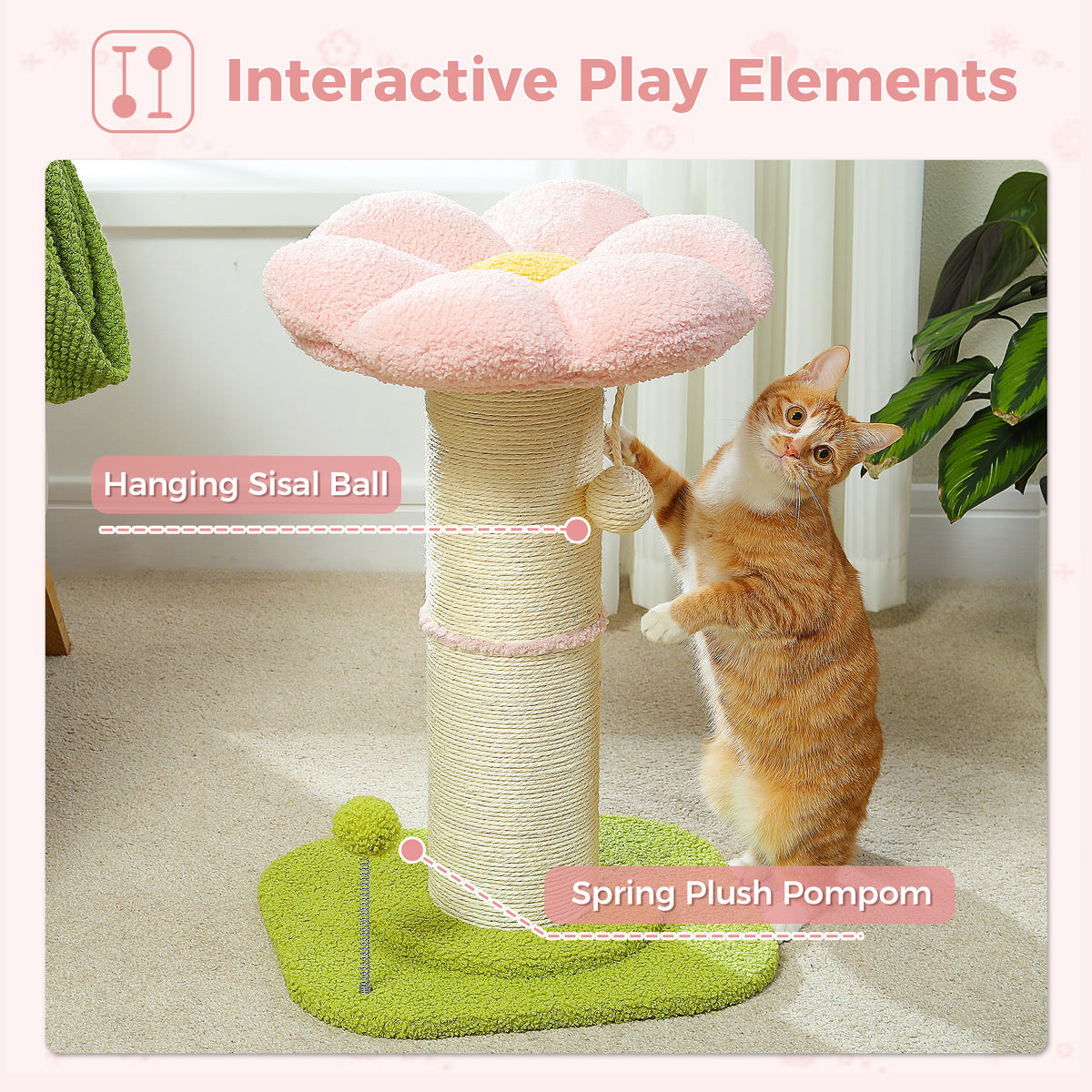 Pink Flower Cat Scratching Post with Detachable Washable Perch, 60 cm Tall Sisal Scratcher & Two Interactive Toys