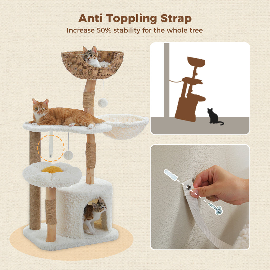 123 cm Natural Wood Cat Tree with Rattan Basket, Flower Perch & Cosy Condo – 48.1 in, Cream