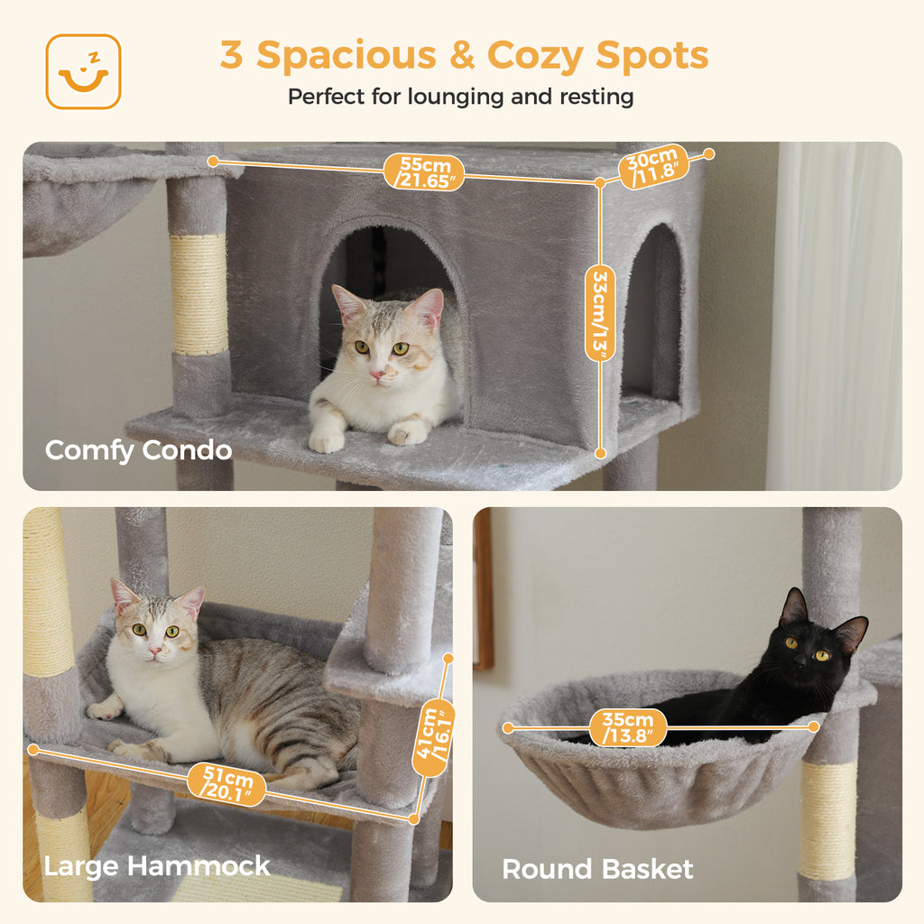7-Level Cat Tree for Multi-Cat Homes with Condo, Hammock & Twin Perches – 186 cm / 73.2 in, Grey or Cream