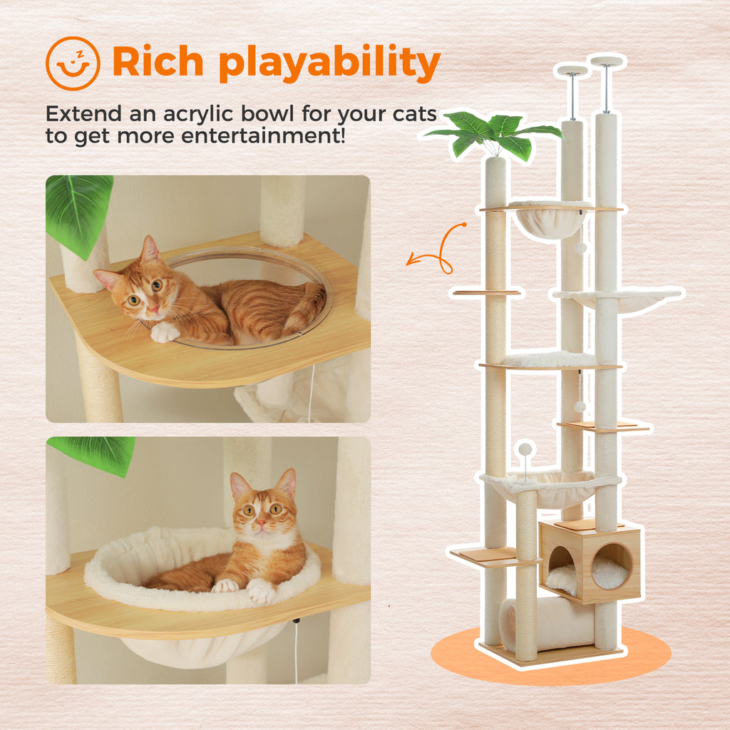 Adjustable Floor-to-Ceiling Cat Tree, 237–256 cm / 93.3–100.8 in, with Acrylic Bowl, Condo & Sisal Posts