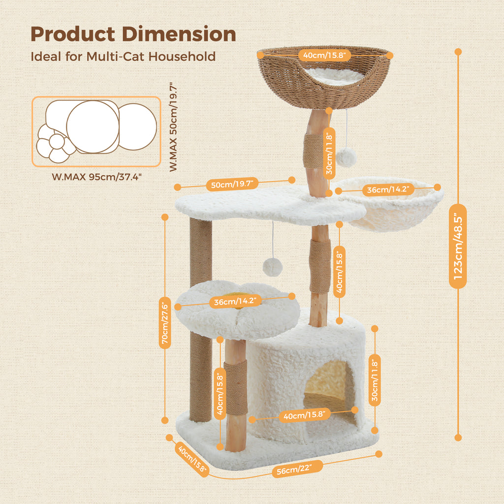 123 cm Natural Wood Cat Tree with Rattan Basket, Flower Perch & Cosy Condo – 48.1 in, Cream