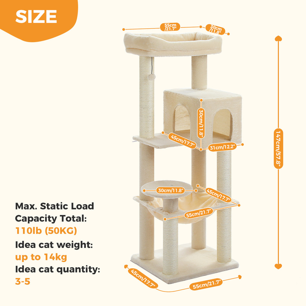 147 cm XL Cat Tree for Large Cats with Sisal Scratching Posts, Cat Condo, Hammock & Top Bed Description