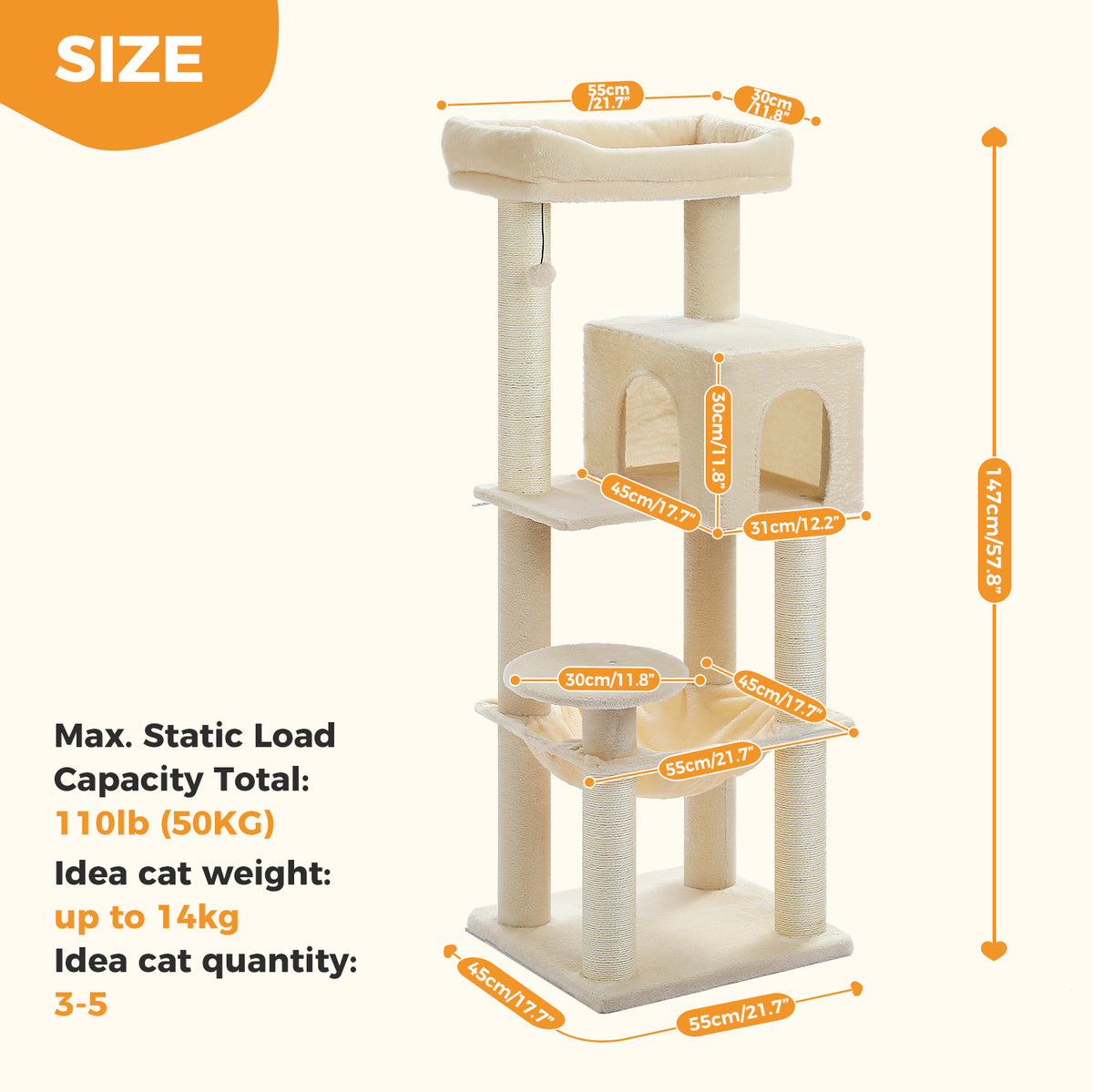 147 cm XL Cat Tree for Large Cats with Sisal Scratching Posts, Cat Condo, Hammock & Top Bed Description