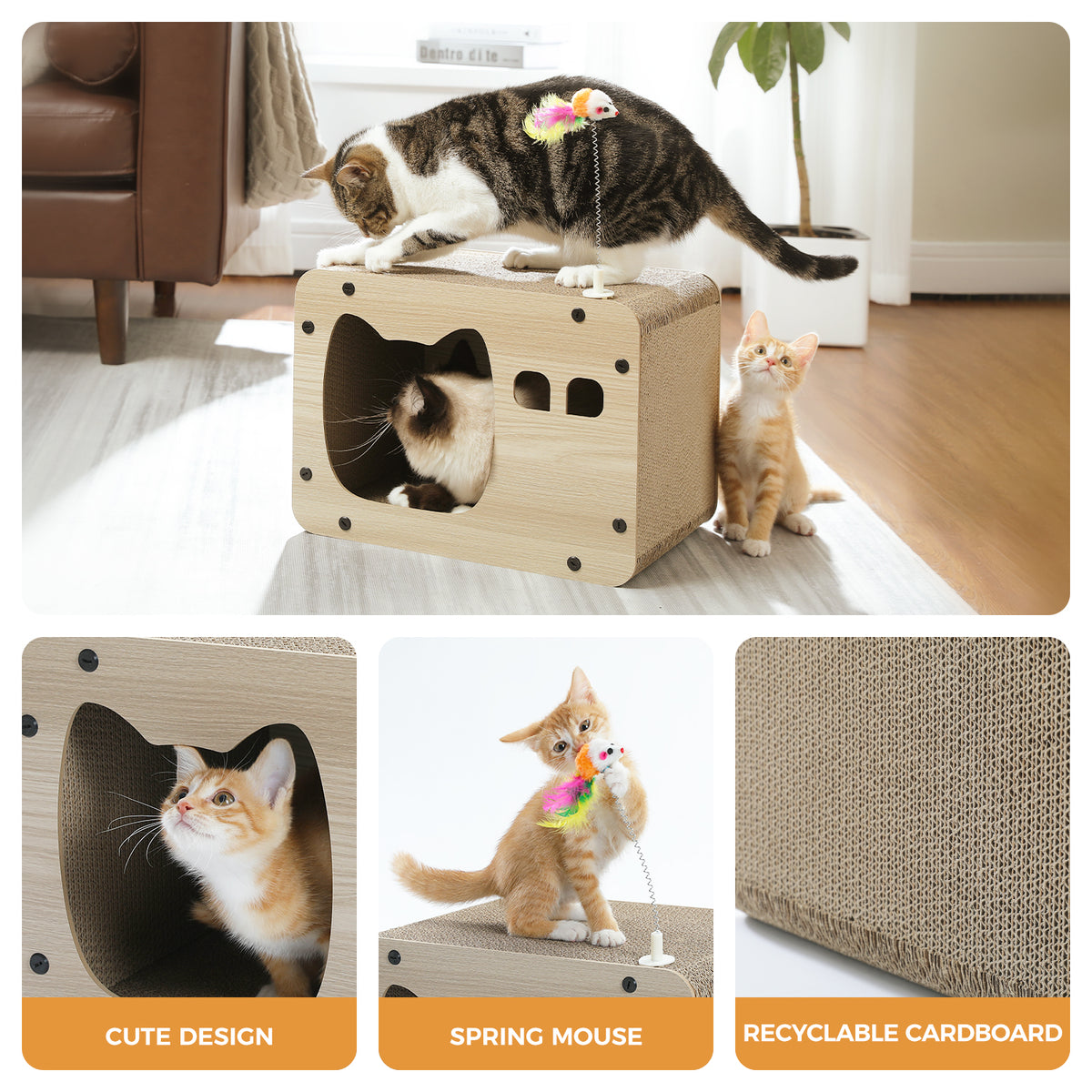 Cat Cardboard Scratcher House with Lounge Top, Spring Mouse Toy & Cat-Shaped Entrance