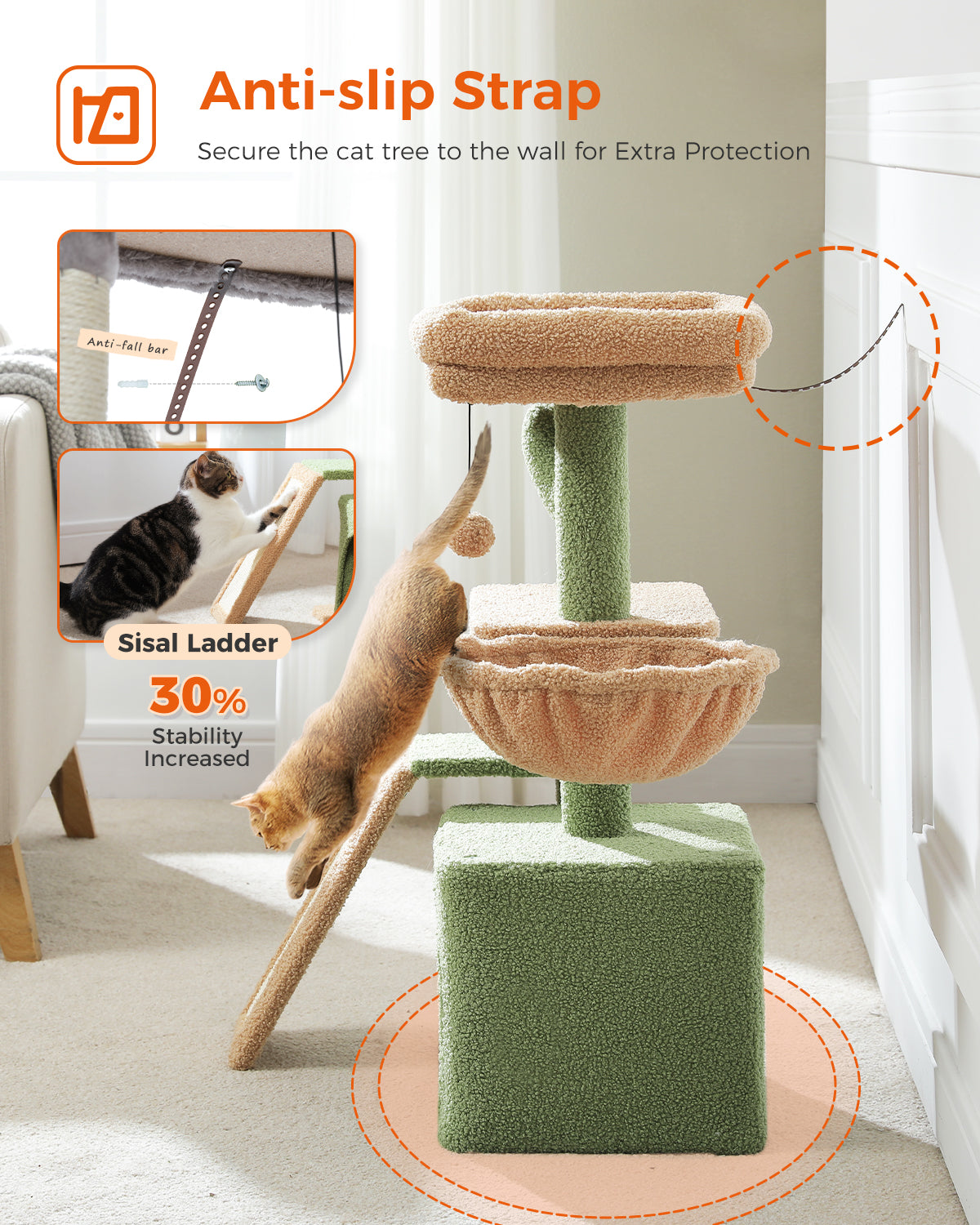 80 cm Green Cat Tree with Cat Condo, Hammock, Padded Top Perch, Sisal Scratching Ramp & Wall Anchor