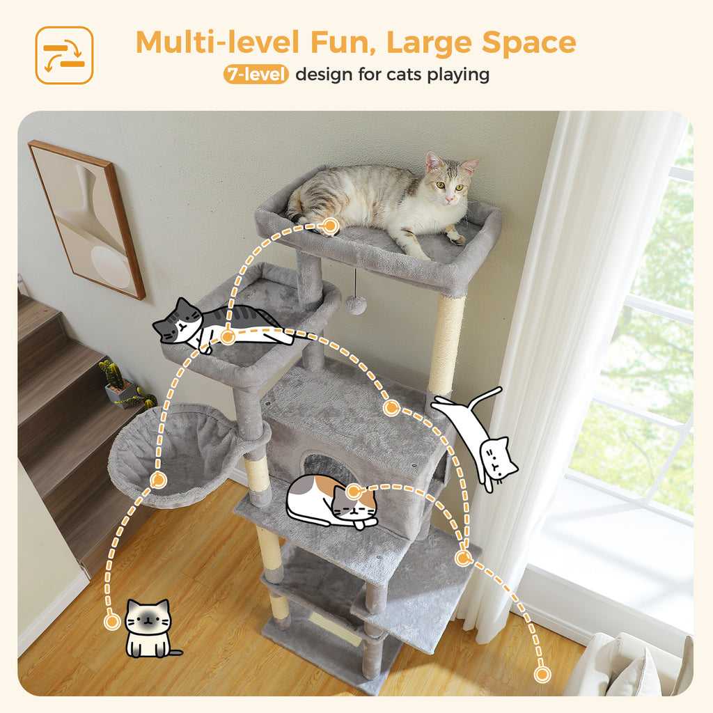 7-Level Cat Tree for Multi-Cat Homes with Condo, Hammock & Twin Perches – 186 cm / 73.2 in, Grey or Cream