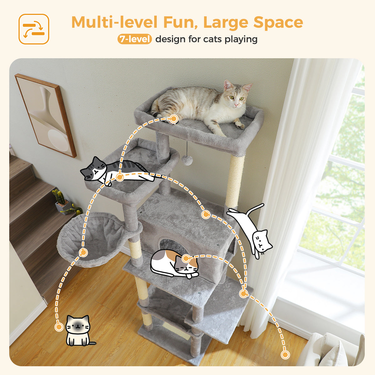 7-Level Cat Tree for Multi-Cat Homes with Condo, Hammock & Twin Perches – 186 cm / 73.2 in, Grey or Cream