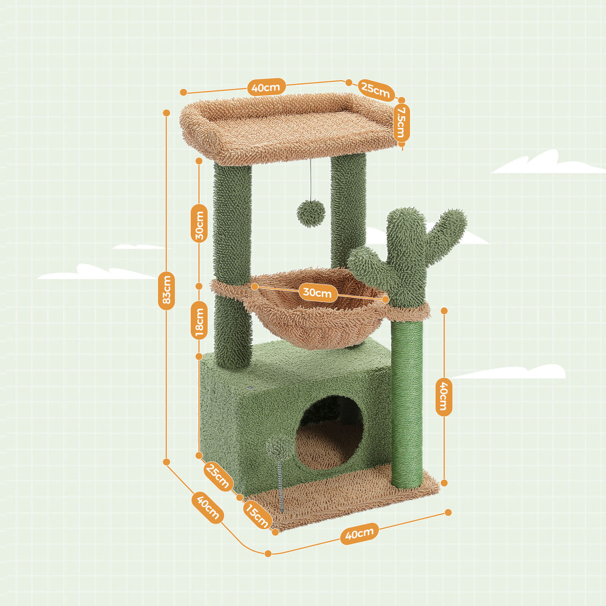 Compact 83 cm Cat Tree with Condo, Hammock, Sisal Scratching Post & Top Perch – Green