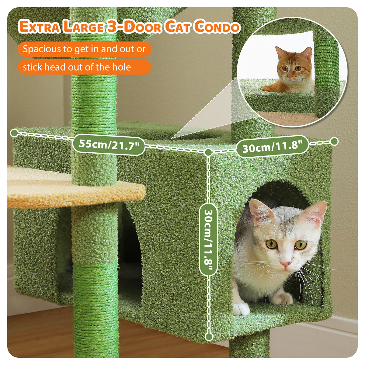XL 205 cm Multi-Cat Tree with 2 Condos, Steel-Framed Hammock & Sisal Scratch Posts – Green