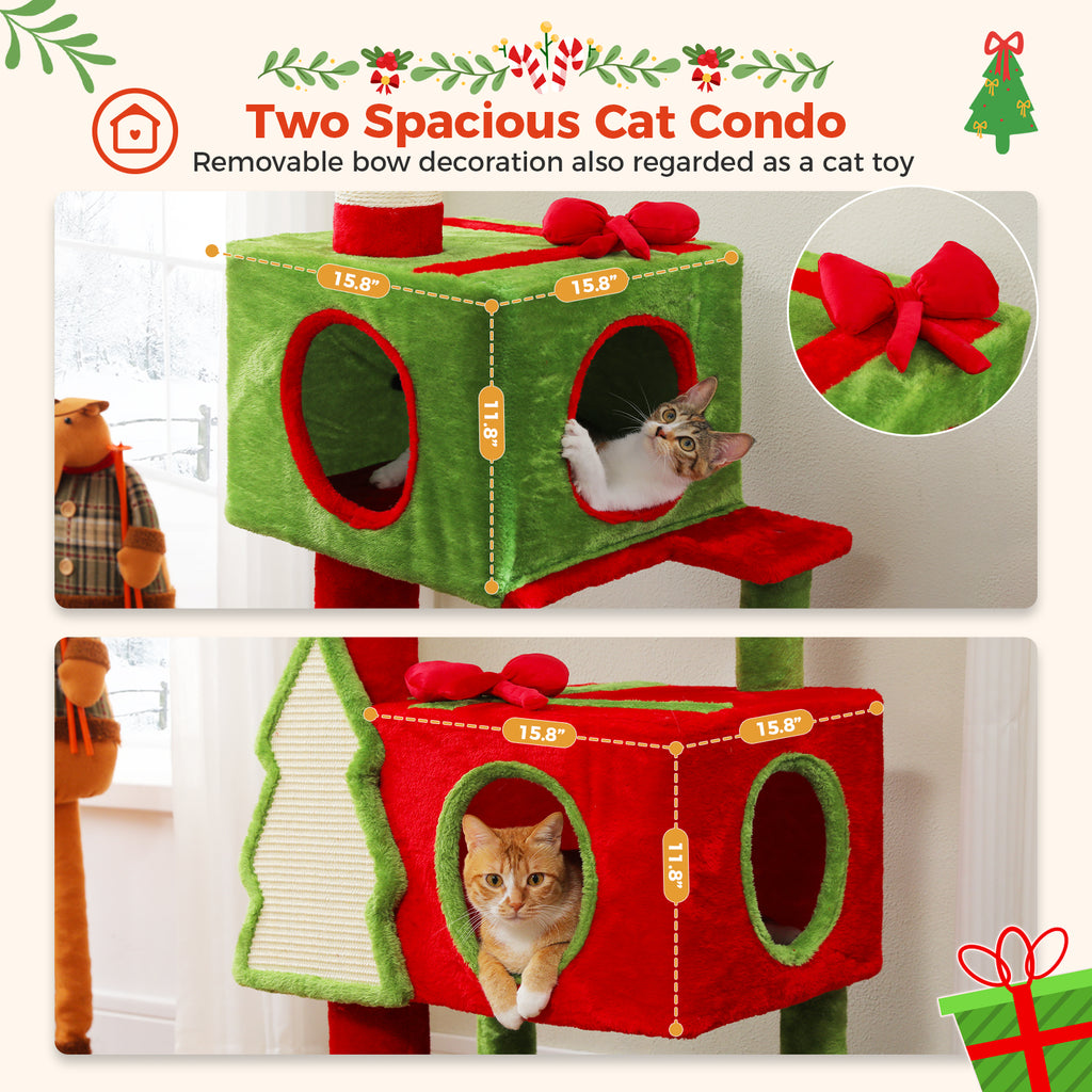 Adjustable Christmas Floor-to-Ceiling Cat Tree with 2 Condos, Sisal Posts & Platforms – 231–274 cm / 90.9–107.8 in