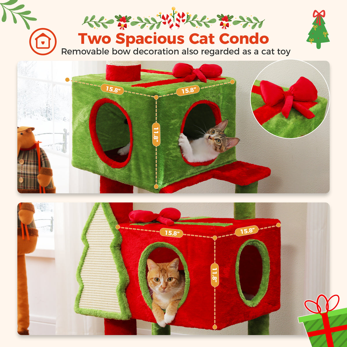 Adjustable Christmas Floor-to-Ceiling Cat Tree with 2 Condos, Sisal Posts & Platforms – 231–274 cm / 90.9–107.8 in