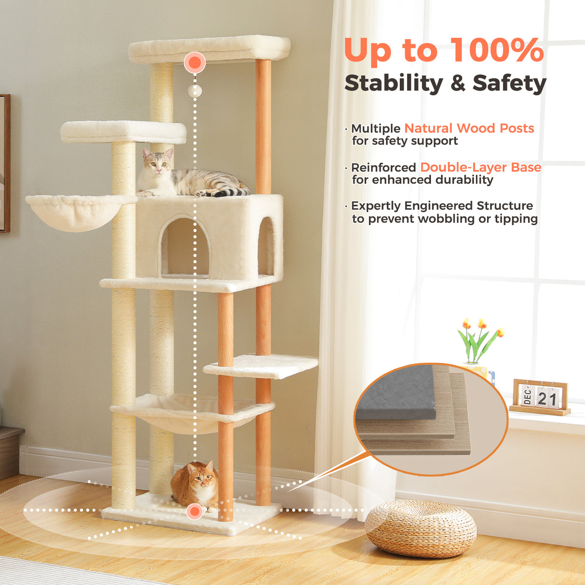 186 cm / 73.2 in Multi-Level Cat Tree with Twin Top Perches, Condo & Hammocks